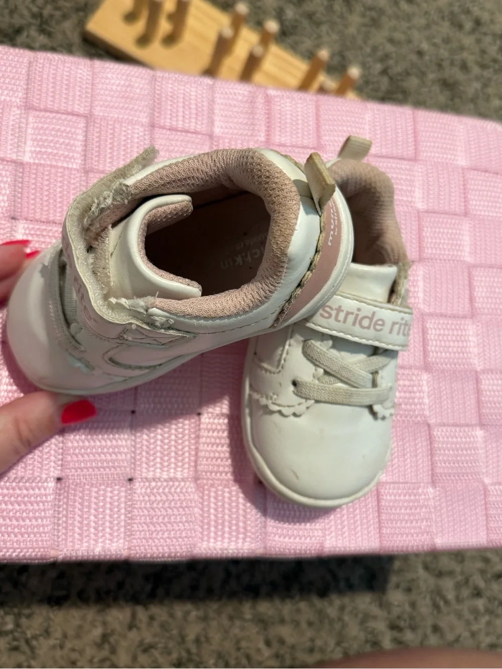 Stride Rite White and Light Pink Baby Sneakers with Hook-and-Loop Strap
